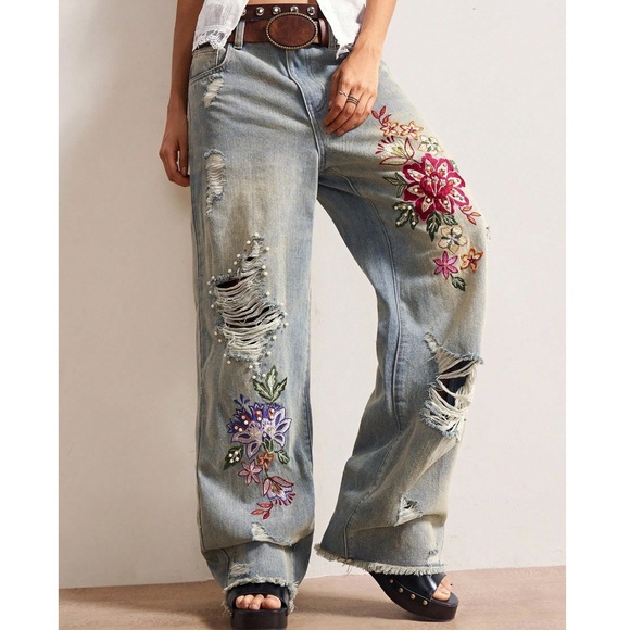 Boho Light Wash Floral Embroidered Distressed Straight leg Denim Jeans - Picture 1 of 6